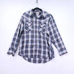 Ely Cattleman Shirt Mens Large Blue Plaid Pockets Pearl Snap Long Sleeve Western